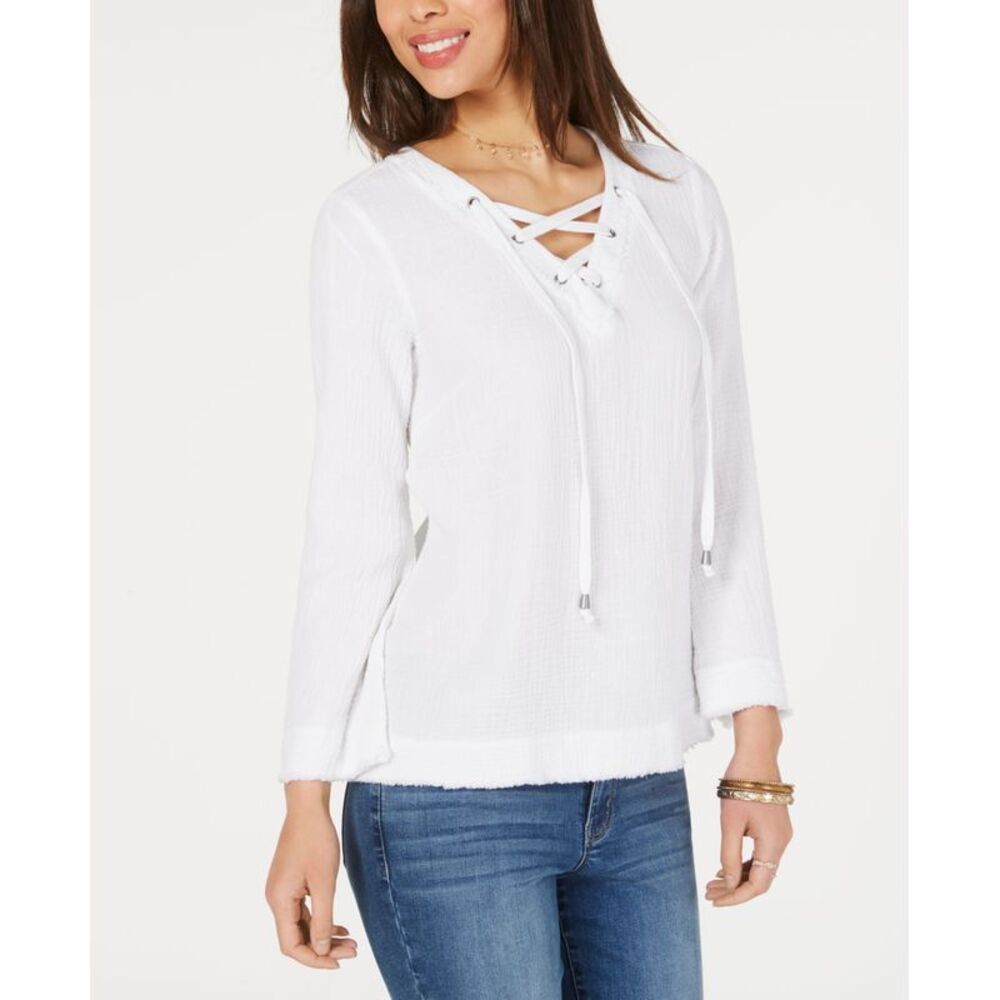 Style & Co Cotton Lace Up Textured Top